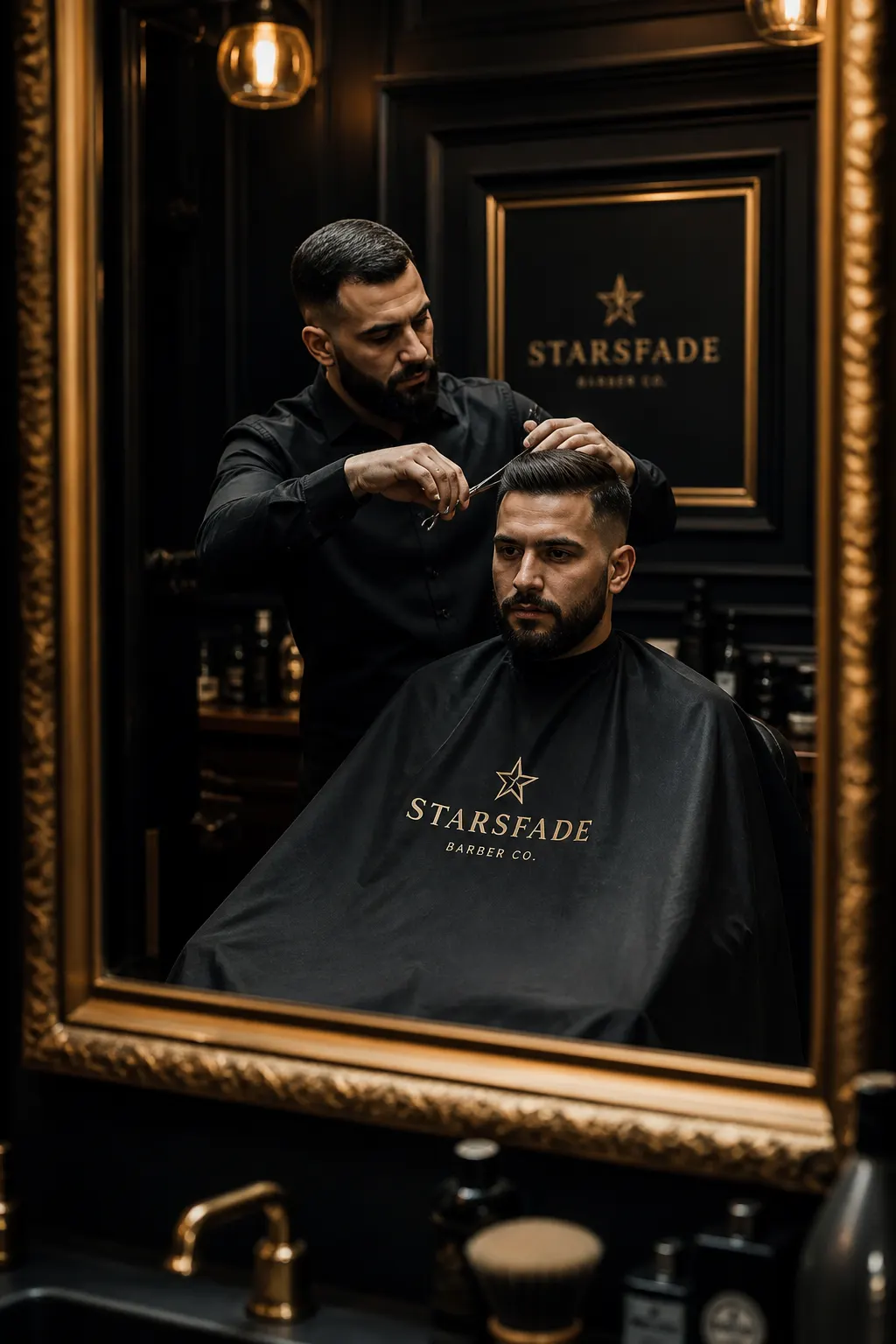 Barber at work, seen through the shop mirror