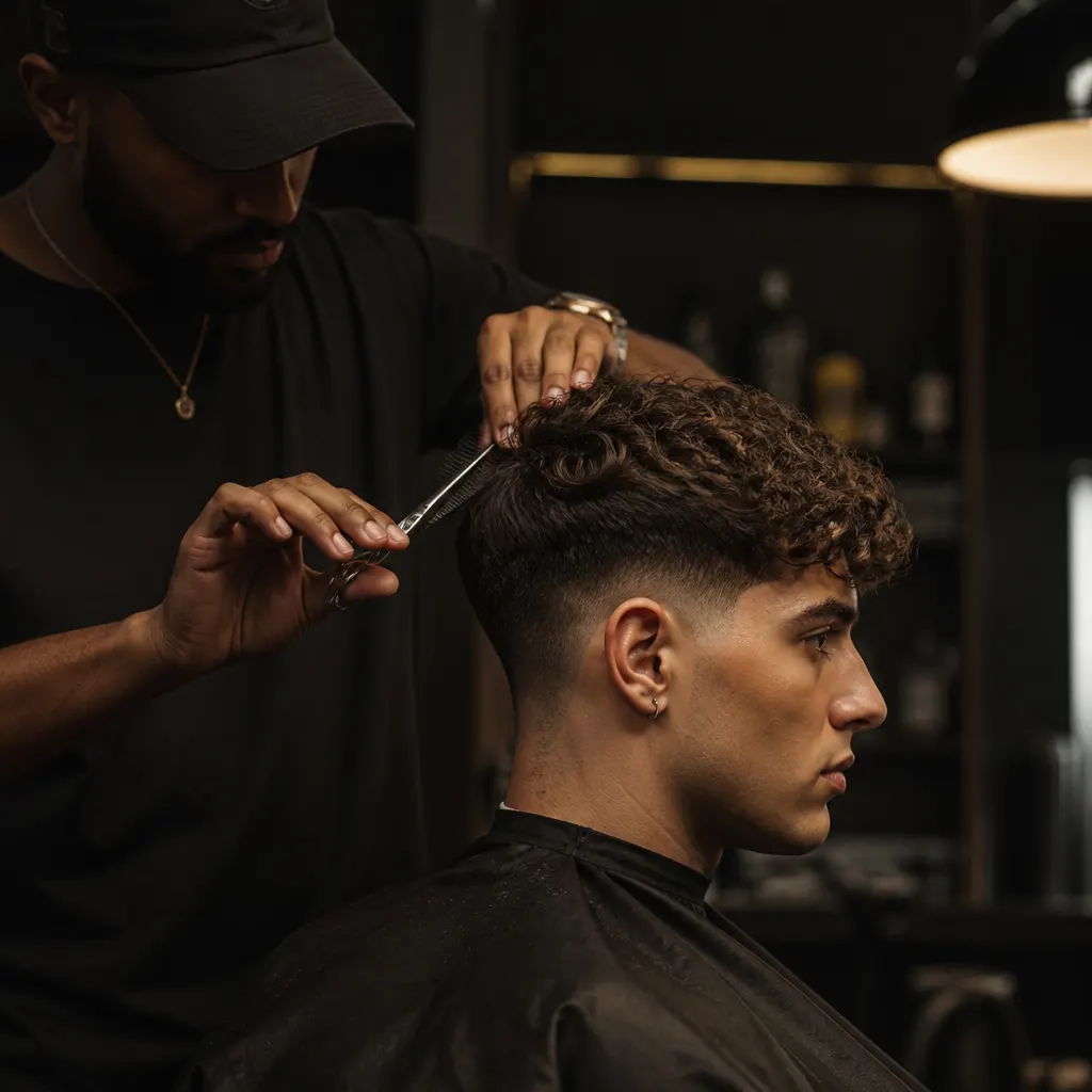 Curly hair cut with a scissor fade