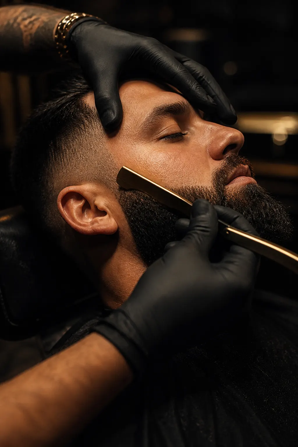 Beard being shaped with a straight razor