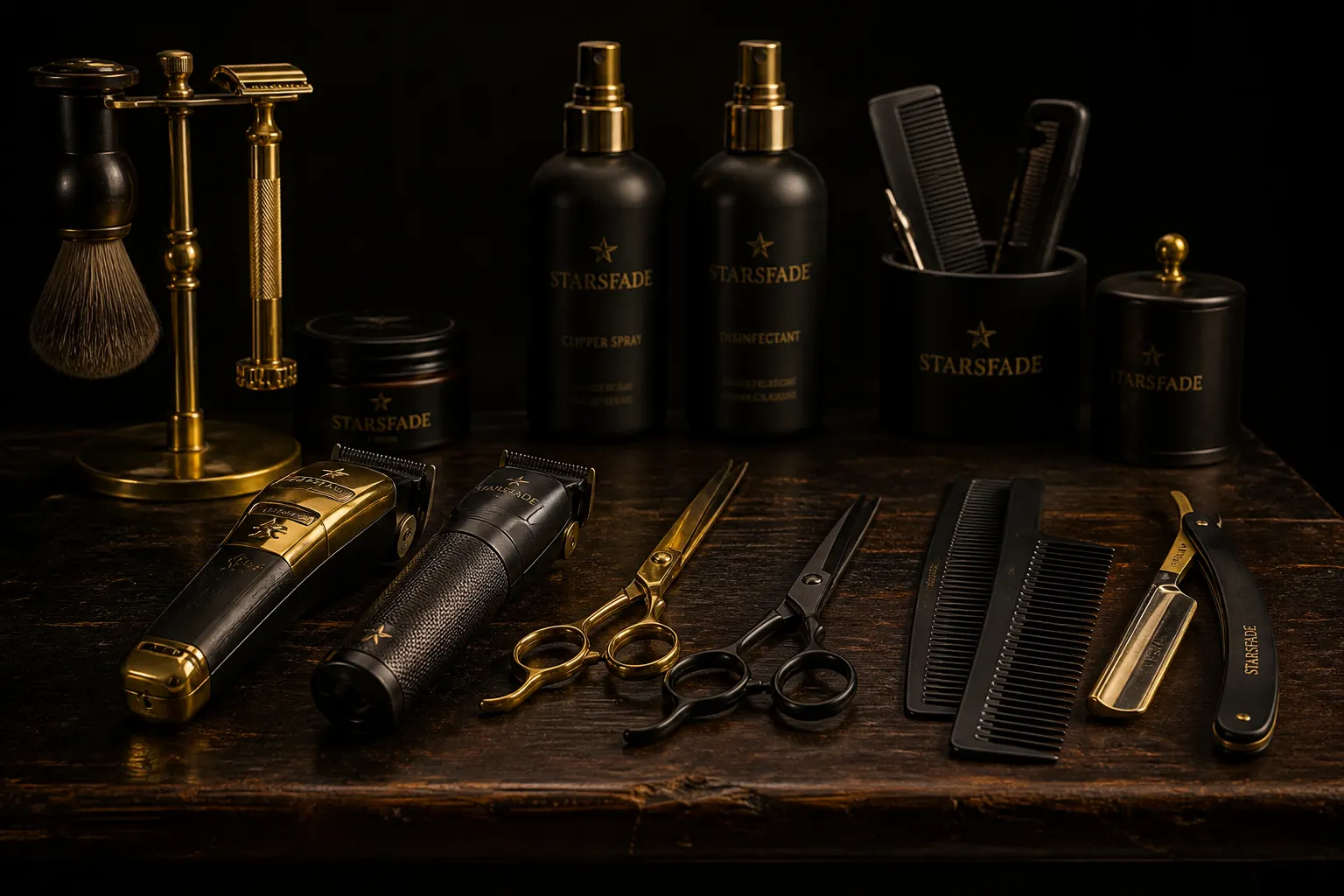Barber tools laid out on a dark bench at Starsfade